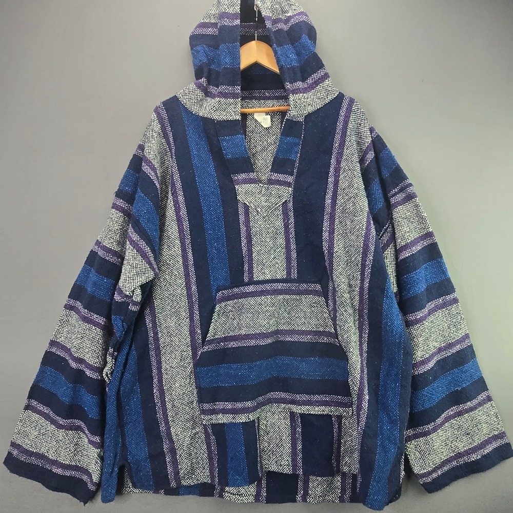 Specs Baja Hoodie Woven Drug Rug Pullover XXL Blue Purple Striped Vintage Style